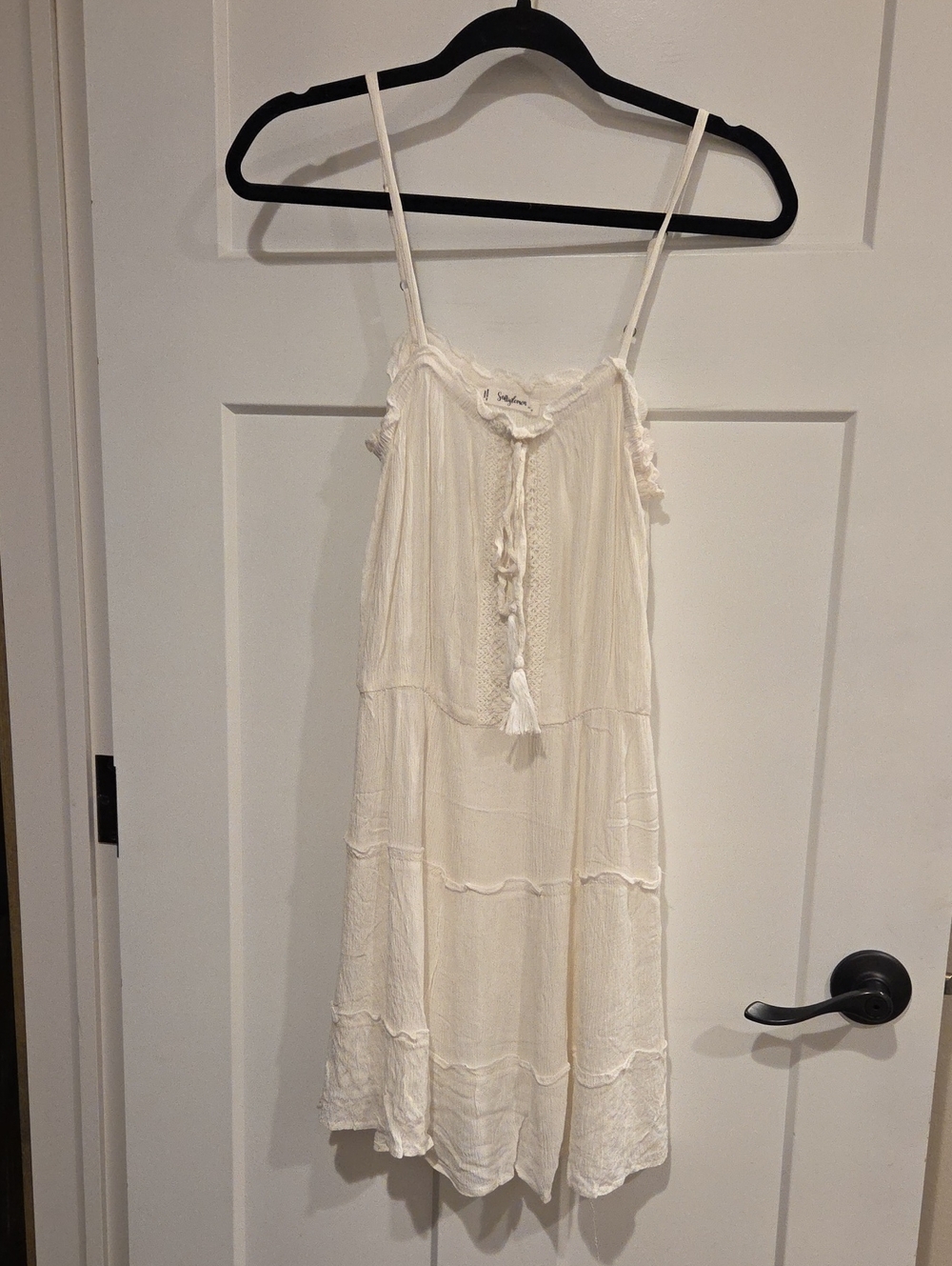 Sleeveless Tiered Mini Dress with Tassel Tie - Cream